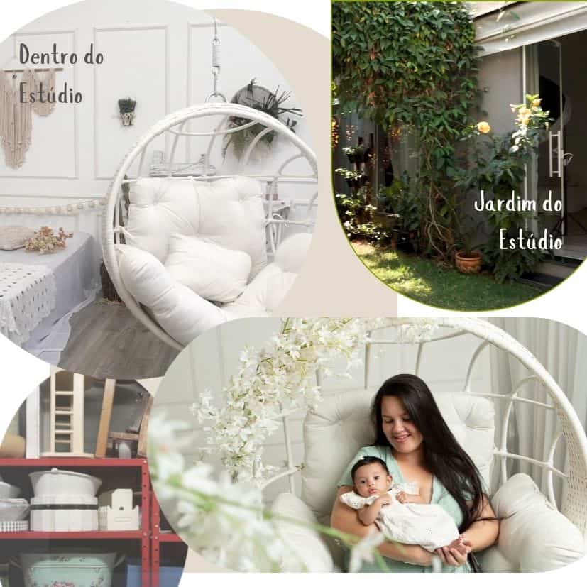 imagen mostrando o jardim do estudio e dentro do estudio de fotografia
